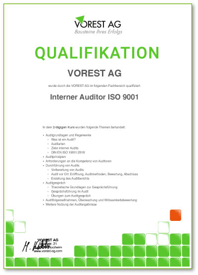 ISO Schulungen Qualifikationsbescheinigung der VOREST AG Deutsch