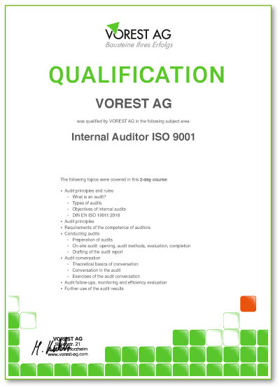 ISO Schulungen Qualifikationsbescheinigung der VOREST AG Englisch