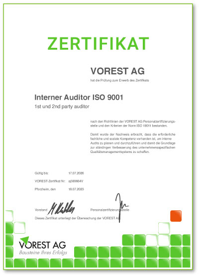 ISO Schulungen Zertifikat der VOREST AG Deutsch