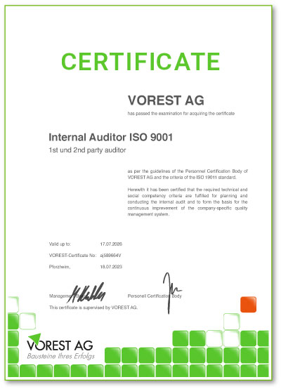 ISO Schulungen Zertifikat der VOREST AG Englisch
